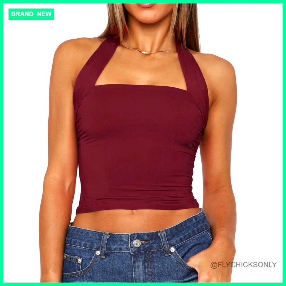 Halter Neck Backless Crop Top Sleeveless Slim Fit Tank Y2K Style